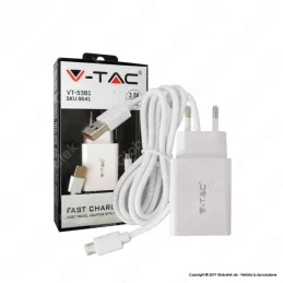 V-TAC VT-5381 CARICABATTERIA USB DA VIAGGIO CON RICARICA RAPIDA 3A E CAVO MICRO USB COLORE BIANCO - SKU 8641 
