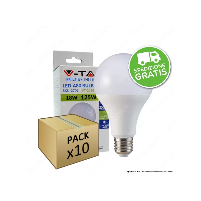 10 Lampadine LED V-Tac VT-2218 E27 18W Bulb A80 - Pack Risparmio 