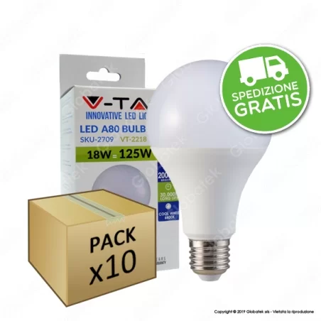 10 Lampadine LED V-Tac VT-2218 E27 18W Bulb A80 - Pack Risparmio