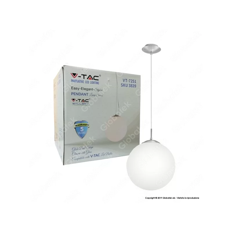 V-TAC VT-7251 LAMPADARIO A SOSPENSIONE IN VETRO OPACO CON PORTALAMPADA PER LAMPADINE E27 - SKU 3839 