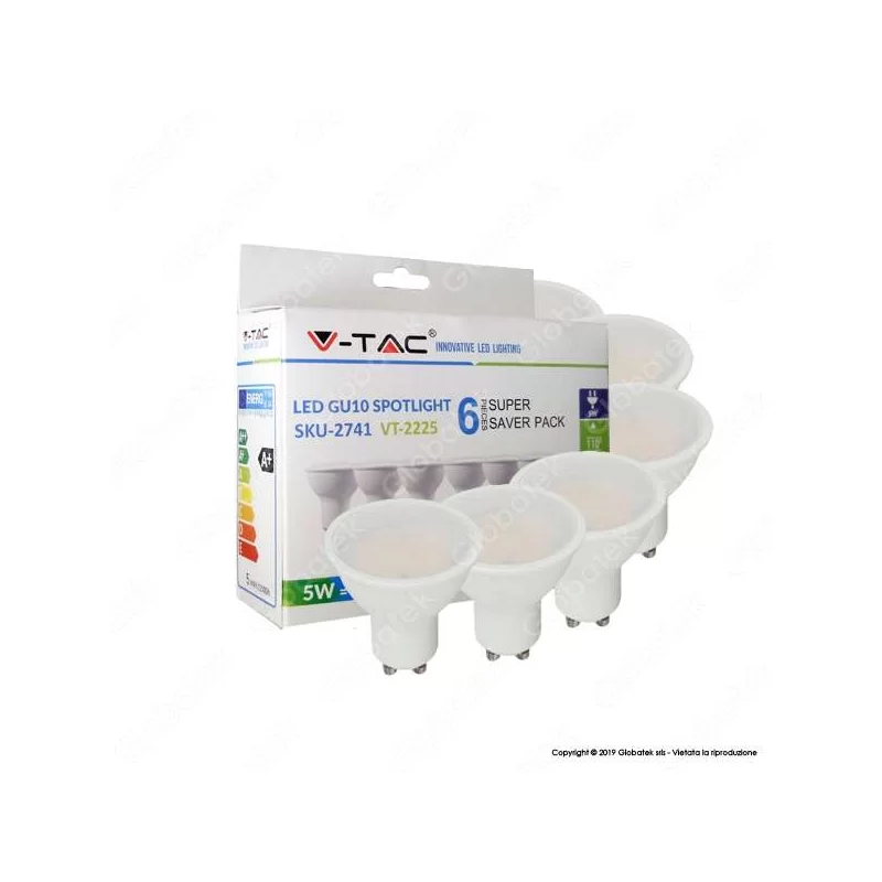 V-TAC VT-2225 SUPER SAVER PACK CONFEZIONE 6 FARETTI LED GU10 5W SPOTLIGHT 110° - SKU 2739 / 2740 / 2741 