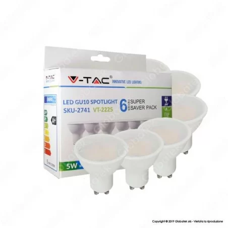 V-TAC VT-2225 SUPER SAVER PACK CONFEZIONE 6 FARETTI LED GU10 5W SPOTLIGHT 110° - SKU 2739 / 2740 / 2741