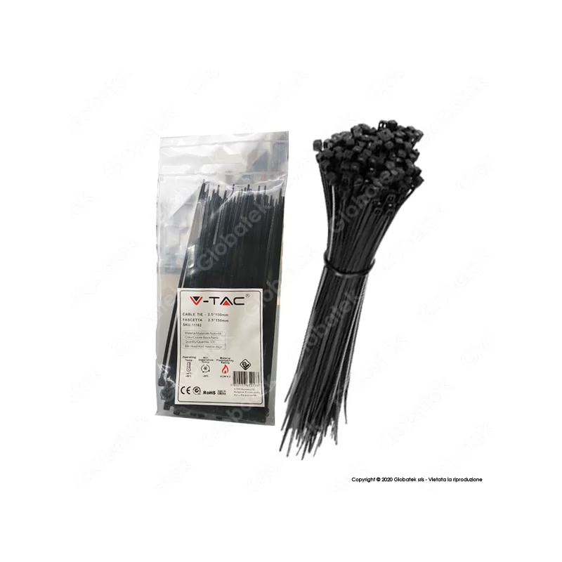 V-TAC CONFEZIONE DA 100 FASCETTE STRINGICAVO AUTOBLOCCANTI IN NYLON 2,5 X 150 MM - SKU 11161 / 11162 