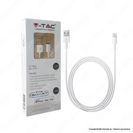 V-TAC VT-5552 USB DATA CABLE LIGHTING CERTIFICATO MFI CAVO COLORE BIANCO 1,5M - SKU 8453