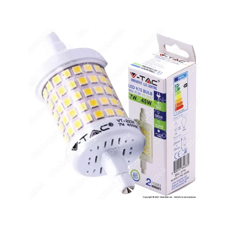 V-TAC VT-2237 LAMPADINA LED R7S L78 7W BULB TUBOLARE - SKU 2713 / 2714 / 2715 