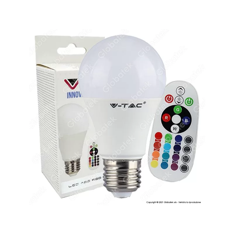 V-TAC VT-2229 LAMPADINA LED E27 9W BULB A60 GOCCIA RGB+W CON TELECOMANDO - SKU 2766 / 2767 / 2768 