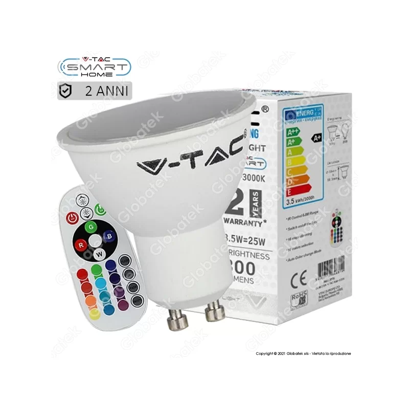 V-TAC VT-2244 LAMPADINA LED GU10 3,5W FARETTO SPOTLIGHT 110° RGB+W CON TELECOMANDO - SKU 2778 / 2779 / 2780 