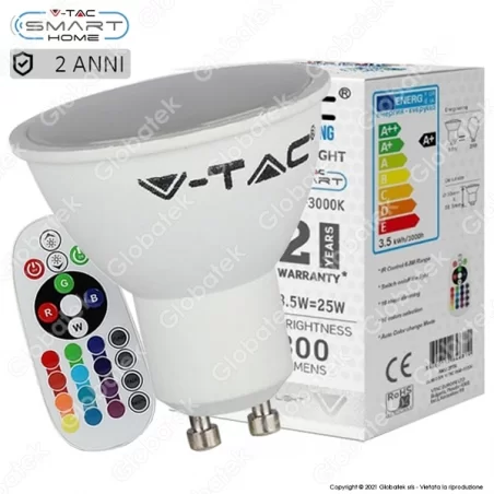 V-TAC VT-2244 LAMPADINA LED GU10 3,5W FARETTO SPOTLIGHT 110° RGB+W CON TELECOMANDO - SKU 2778 / 2779 / 2780