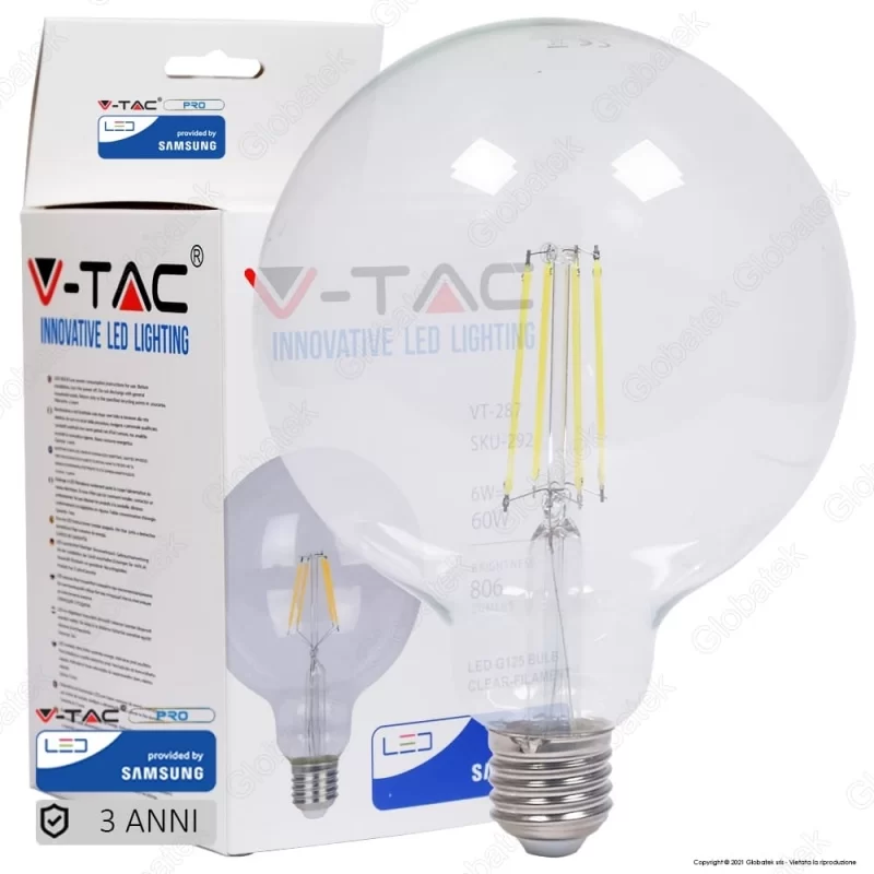 V-TAC PRO VT-287 LAMPADINA LED E27 6W GLOBO G125 CHIP SAMSUNG - SKU 292 