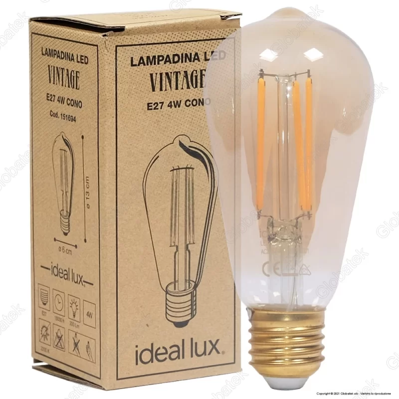 IDEAL LUX LAMPADINA LED VINTAGE E27 4W BULB ST64 FILAMENTO AMBRATA - MOD. 151694 