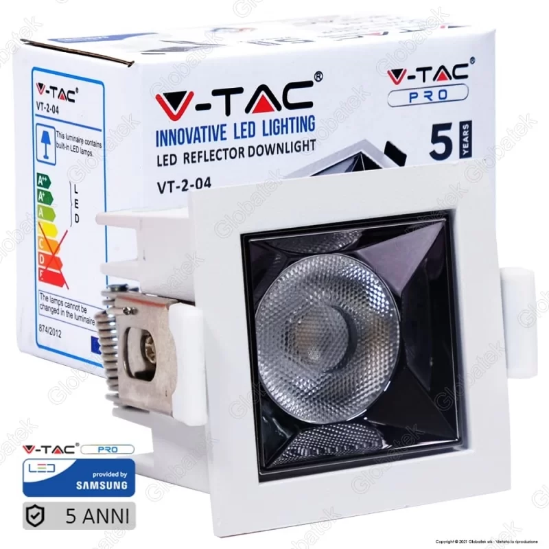 V-TAC PRO VT-2-04 FARETTO LED SMD 4W DA INCASSO QUADRATO 38° CRI-90 CHIP SAMSUNG - SKU 987 / 986 / 985 