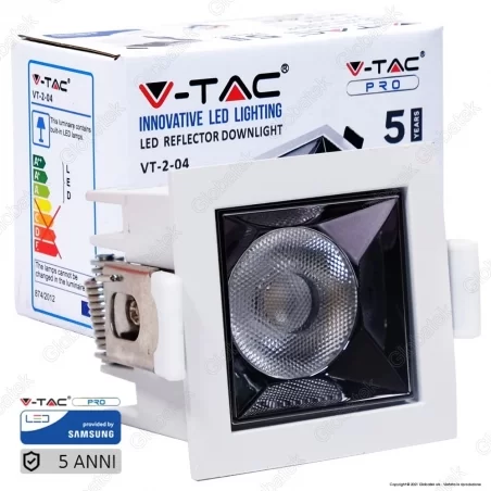 V-TAC PRO VT-2-04 FARETTO LED SMD 4W DA INCASSO QUADRATO 38° CRI-90 CHIP SAMSUNG - SKU 987 / 986 / 985