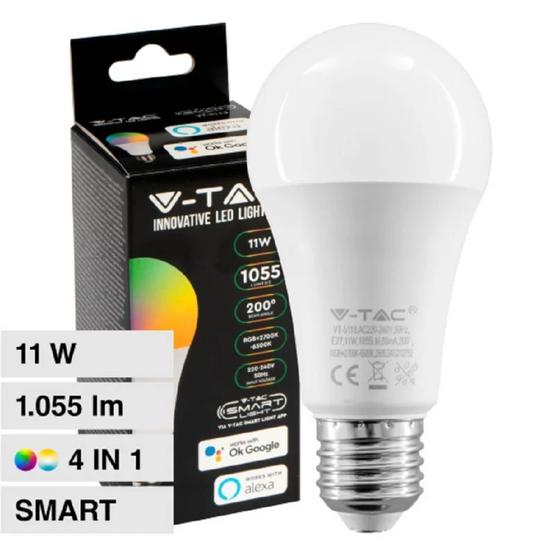 V-TAC Smart light VT-5113 lampadina E27 WiFi 11W A60 dimmable RGB+