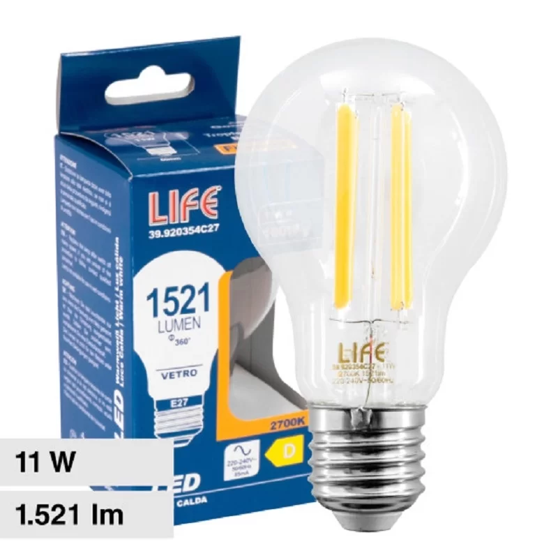 LIFE LAMPADINA LED E27 11W A60 GOCCIA FILAMENT VETRO TRASPARENTE