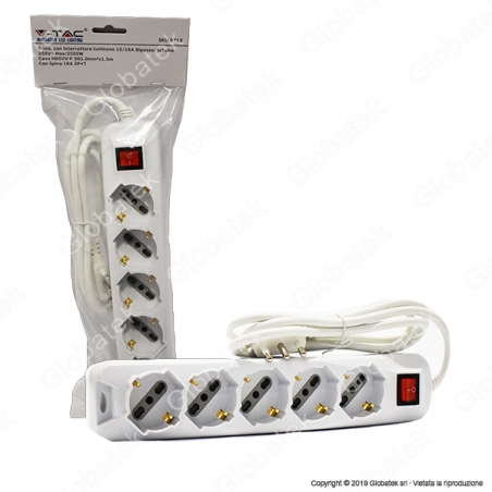 V-TAC MULTIPRESA 5 POSTI COLORE BIANCO CON INTERRUTTORE LUMINOSO - SKU 8712