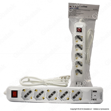 V-TAC MULTIPRESA 5 POSTI E 2 PRESE USB COLORE BIANCO CON INTERRUTTORE LUMINOSO - SKU 8715