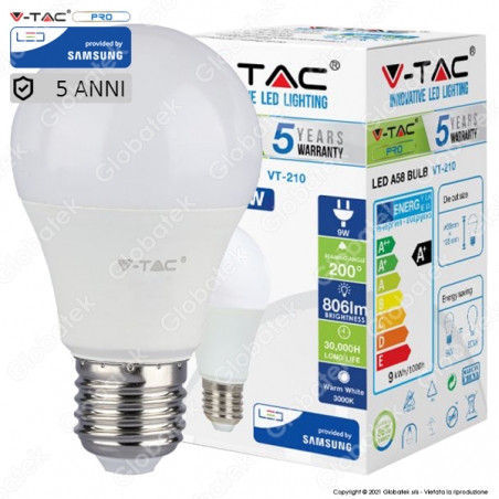 V-TAC PRO VT-210 LAMPADINA LED E27 9W BULB A58 CHIP SAMSUNG - SKU 228 / 229 / 230