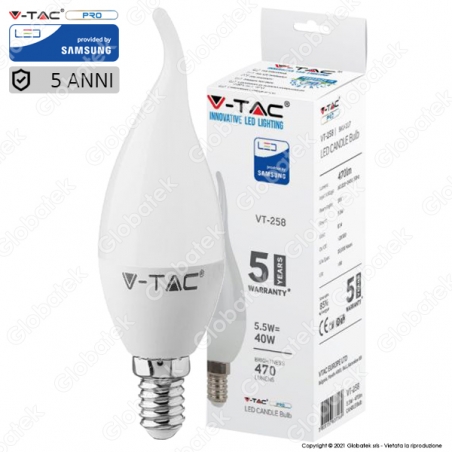 V-TAC PRO VT-258 LAMPADINA LED E14 5,5W CANDELA FIAMMA CHIP SAMSUNG - SKU 117 / 118 / 119