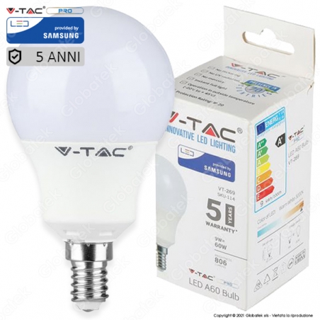 V-TAC PRO VT-269 LAMPADINA LED E14 9W BULB A60 CHIP SAMSUNG - SKU 114 / 115 / 116