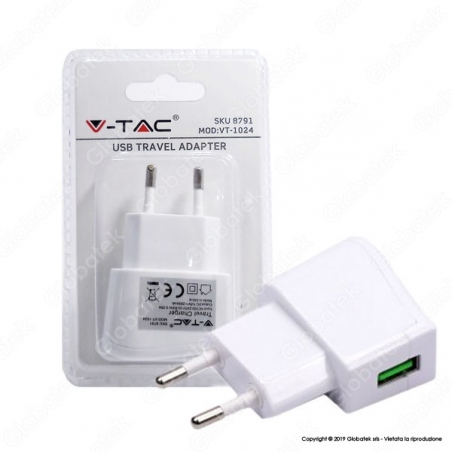 V-TAC VT-1024 ALIMENTATORE USB DA VIAGGIO COLORE BIANCO - SKU 8791