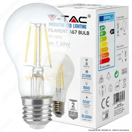 V-TAC VT-1978 LAMPADINA LED E27 8W BULB A67 FILAMENTO - SKU 4407 / 4408 / 4409