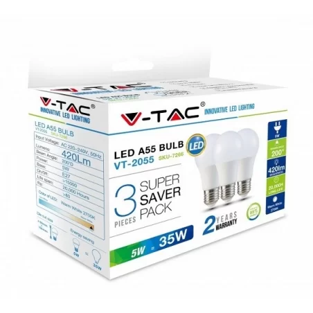 V-TAC VT-2055 SUPER SAVER PACK CONFEZIONE 3 LAMPADINE LED E27 5W BULB A55 - SKU 7266 / 7267 / 7268