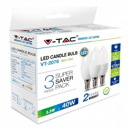 V-TAC VT-2076 SUPER SAVER PACK CONFEZIONE 3 LAMPADINE LED E14 5,5W CANDELA - SKU 7263 / 7264 / 7265