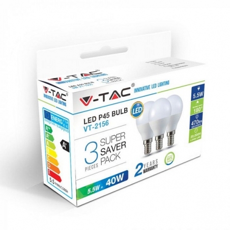 V-TAC VT-2156 SUPER SAVER PACK CONFEZIONE 3 LAMPADINE LED E14 5,5W MINIGLOBO - SKU 7357 / 7358 / 7359