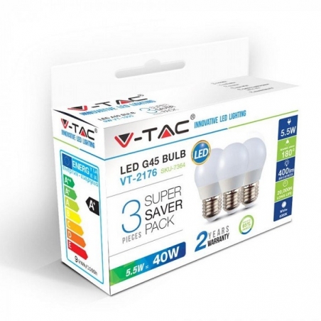 V-TAC VT-2176 SUPER SAVER PACK CONFEZIONE 3 LAMPADINE LED E27 5,5W MINIGLOBO G45 - SKU 7362 / 7363 / 7364