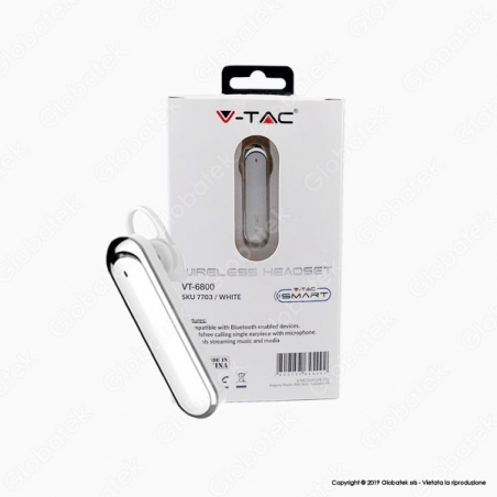 V-TAC VT-6800 AURICOLARE BLUETOOTH HEADSET COLORE BIANCO - SKU 7703