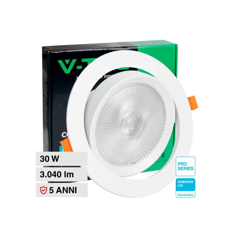 V-TAC PRO VT-2-30 FARETTO LED COB DA INCASSO ORIENTABILE ROTONDO 30W CHIP SAMSUNG COLORE BIANCO - SKU 21845 / 21846 / 21832 