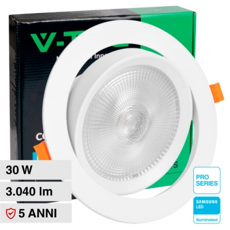 V-TAC PRO VT-2-30 FARETTO LED COB DA INCASSO ORIENTABILE ROTONDO 30W CHIP SAMSUNG COLORE BIANCO - SKU 21845 / 21846 / 21832