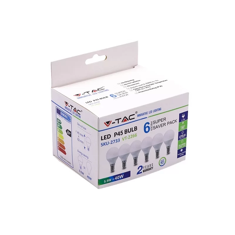 V-TAC VT-2266 SUPER SAVER PACK CONFEZIONE 6 LAMPADINE LED E14 5,5W MNIGLOBO - SKU 2733 / 2734 / 2735 