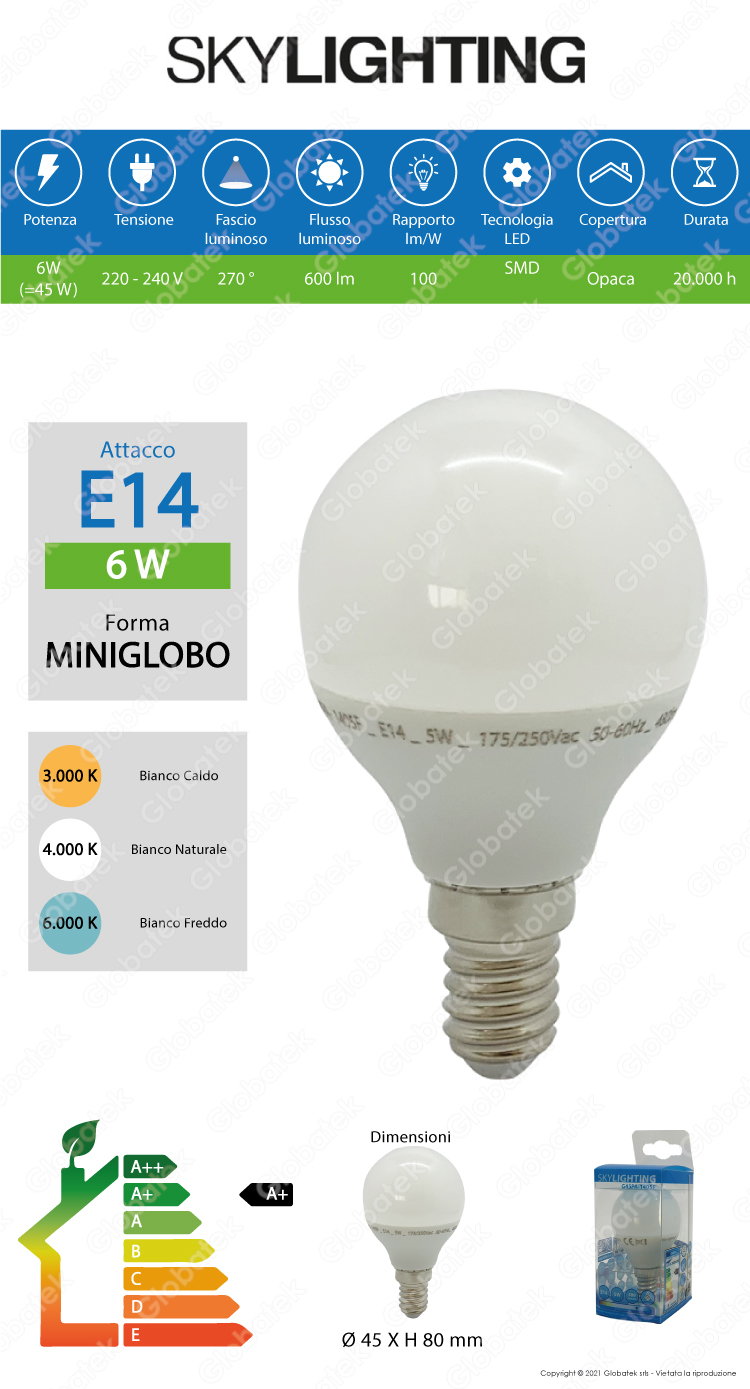 BOT LIGHTING SHOT LAMPADINA LED E14 7,5W MINIGLOBO P45