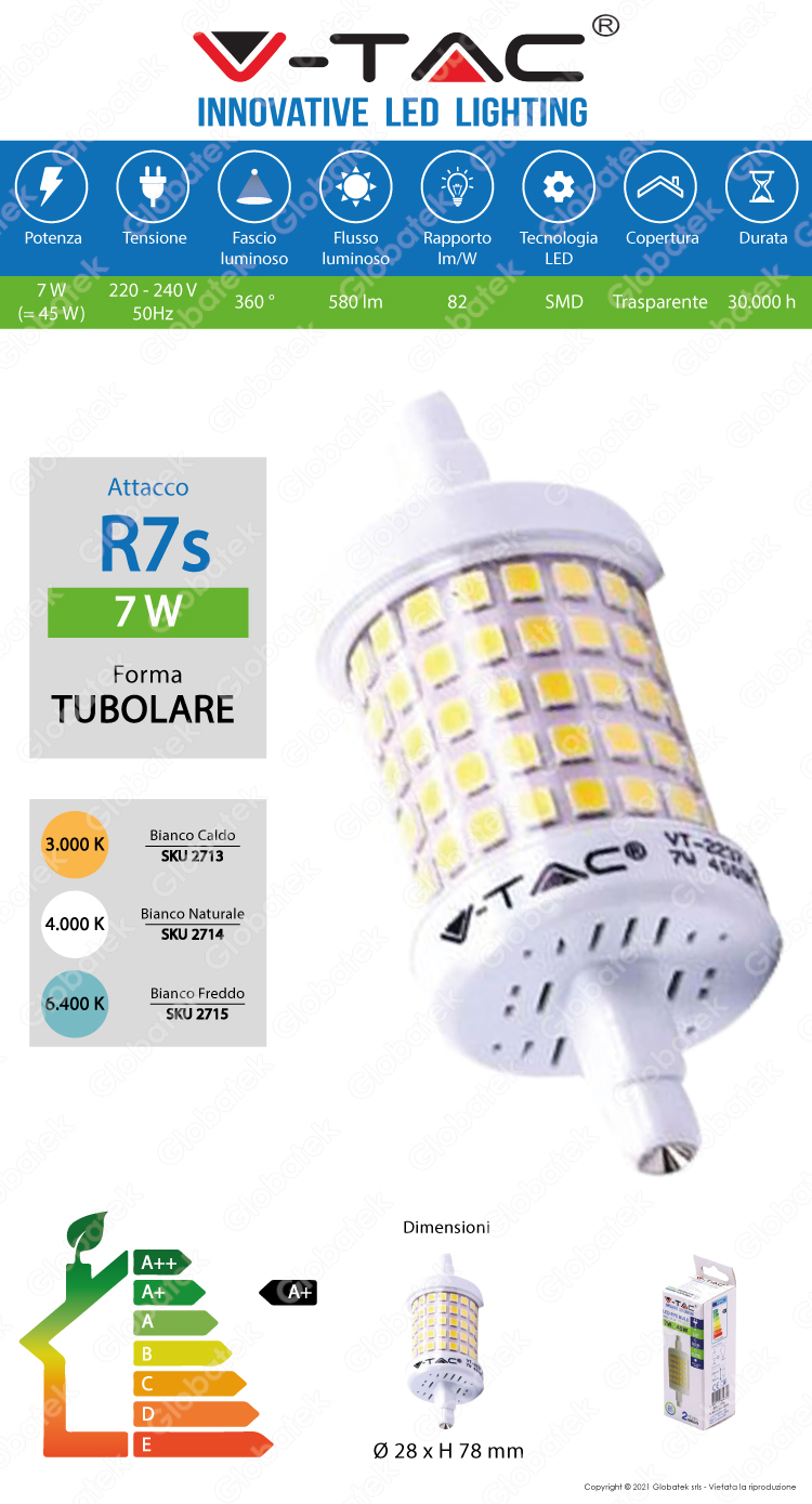 V-TAC VT-2237 LAMPADINA LED R7S L78 7W BULB TUBOLARE