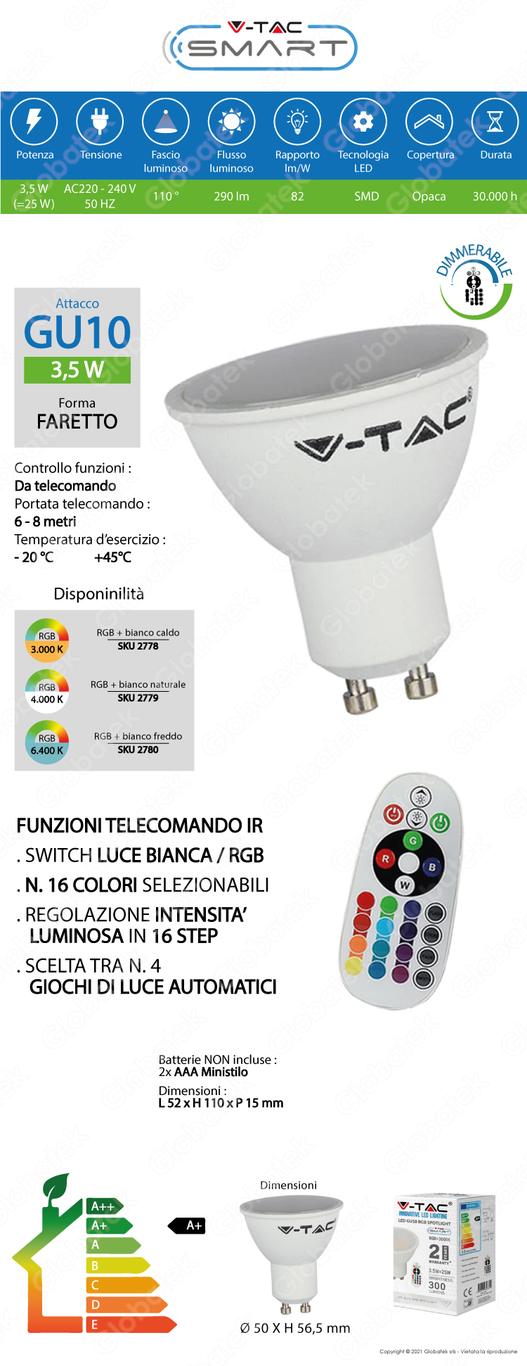 VT-2244 V-Tac Lampadina Led GU10 3,5W Faretto RGB