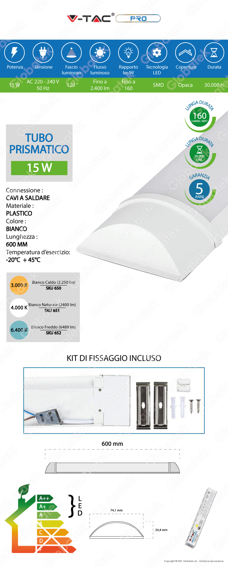 V-TAC PRO VT-8315 TUBO LED PRISMATICO PLAFONIERA 15W LAMPADINA 60CM