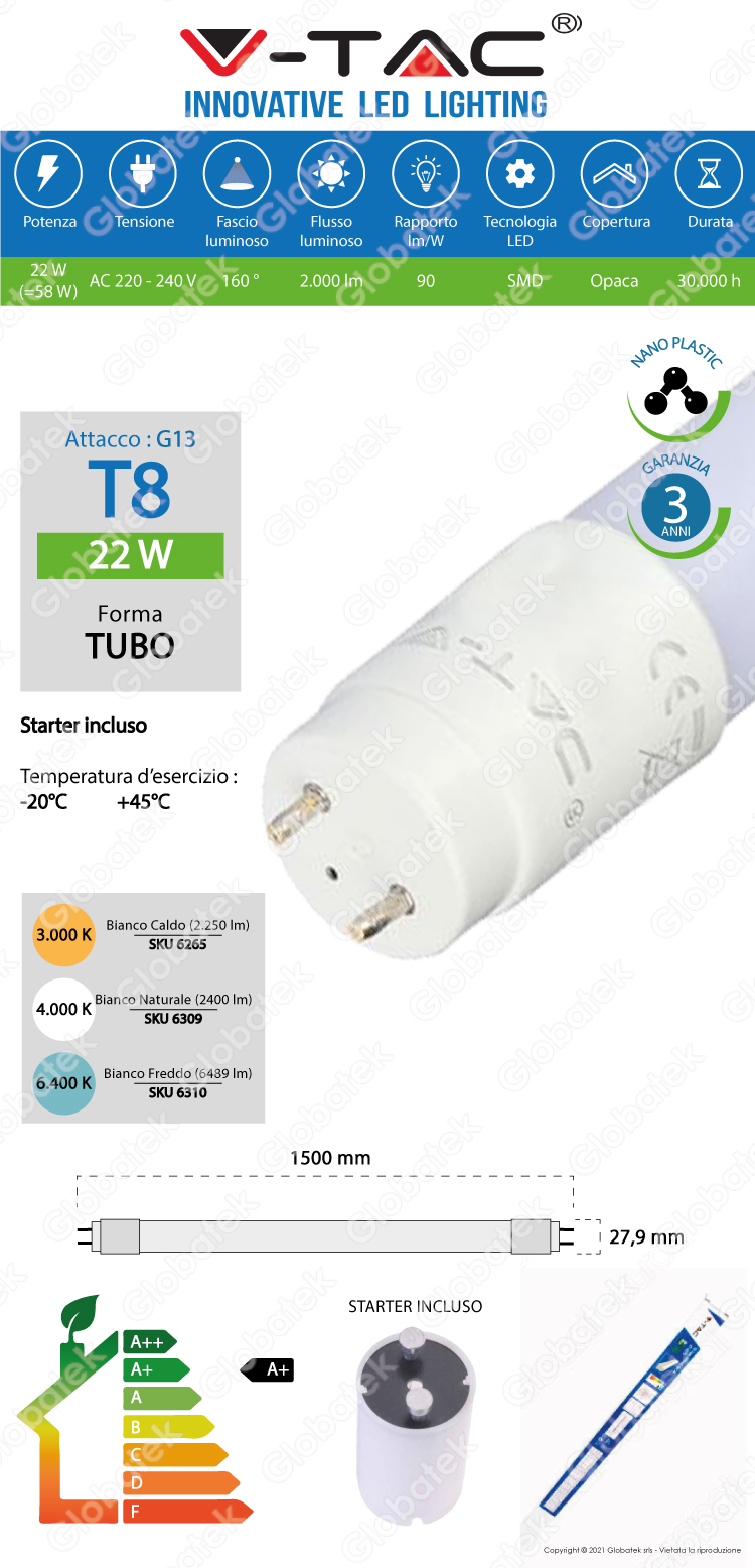 Tubo led t8 150cm 22w 4000k luce naturale