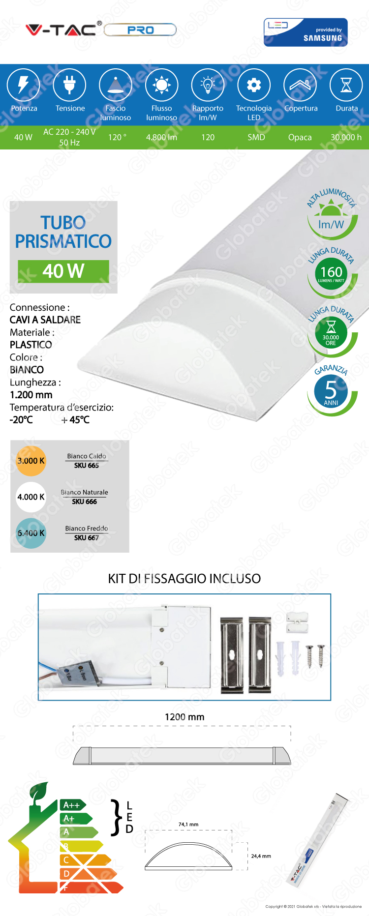 V-TAC VT-8-40 TUBO LED PRISMATICO PLAFONIERA 40W LAMPADINA 120CM CHIP SAMSUNG