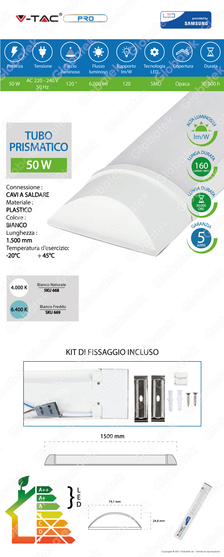 V-TAC VT-8-50 TUBO LED PRISMATICO PLAFONIERA 50W LAMPADINA 150CM CHIP SAMSUNG