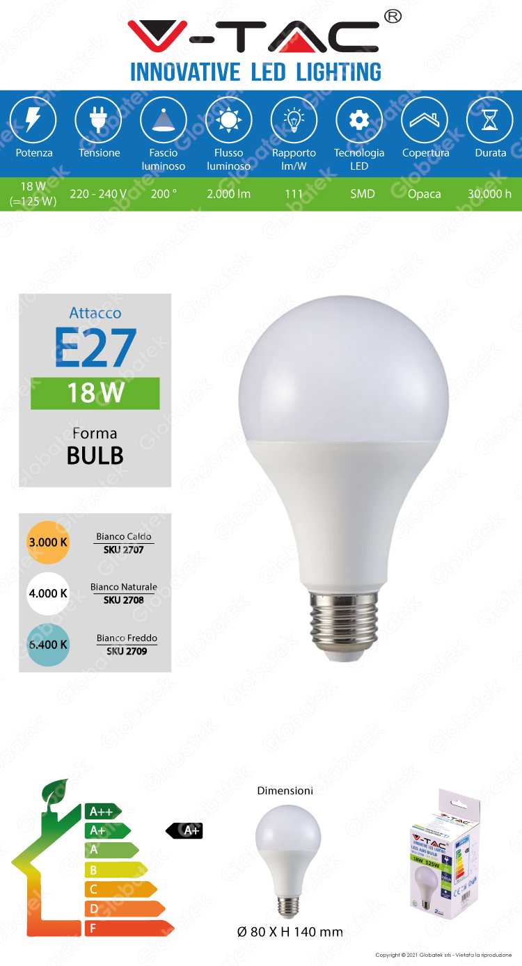V-TAC VT-2218 LAMPADINA LED E27 18W BULB A80 - SKU 2707 / 2708 / 2709